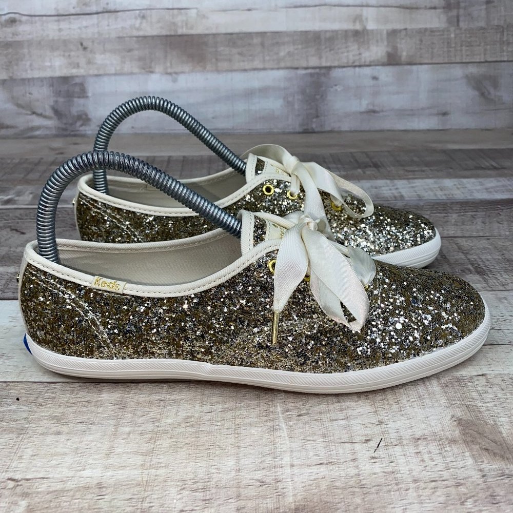 Keds Gold Glitter Sneakers with Ivory Ribbon Laces